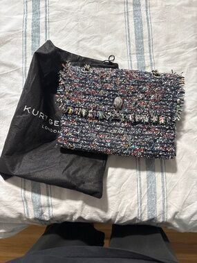 Kurt Geiger Tweed Large Kensington Bag Black Blue Shoulder Flap Closure